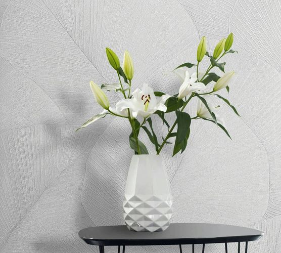 Non-woven wallpaper leaves floral texture white grey 34507