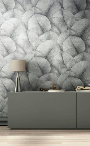 Non-woven wallpaper leaves floral texture grey 34508