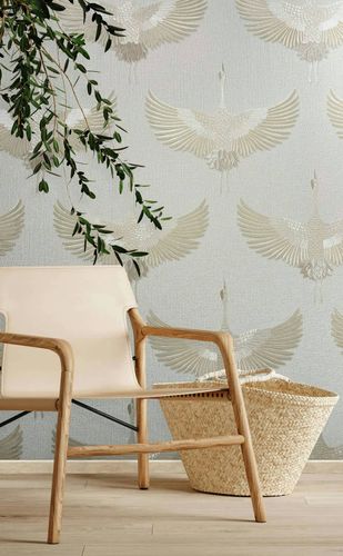 Non-woven wallpaper birds textile look beige metallic 34529