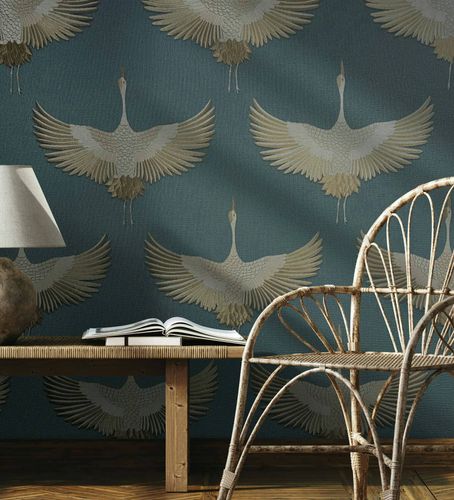 Non-woven wallpaper birds blue copper metallic 34531