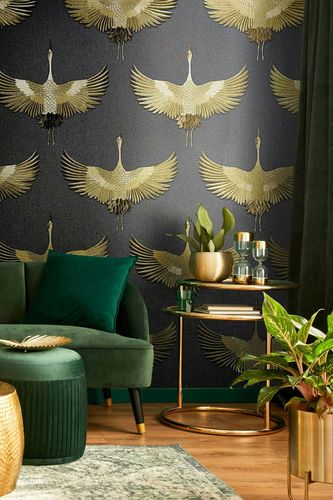 Non-woven wallpaper birds black gold metallic 34532