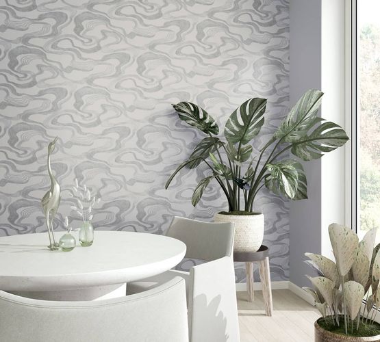 Non-woven wallpaper waves textile look grey metallic 34536