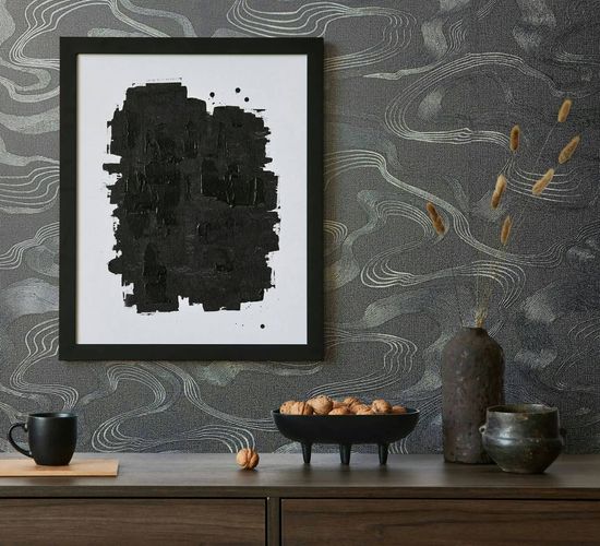 Non-woven wallpaper waves textile look black metallic 34537
