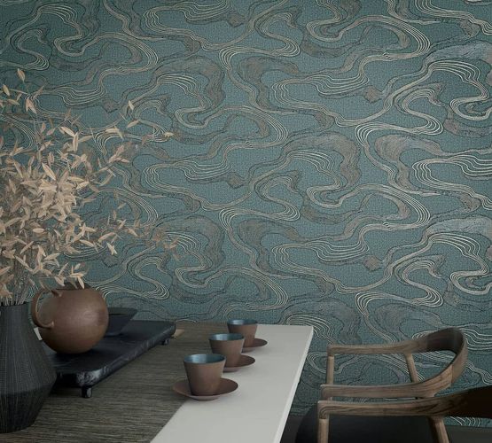 Non-woven wallpaper waves textile look blue metallic 34538