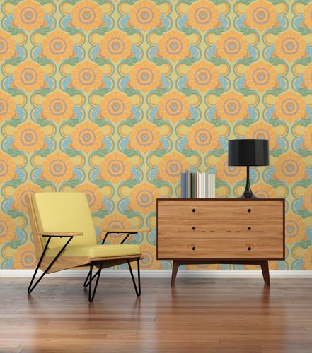 Non-woven wallpaper floral abstract orange blue 39530-1