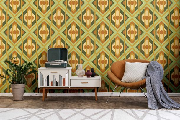 Non-woven wallpaper graphic orange green 39531-2
