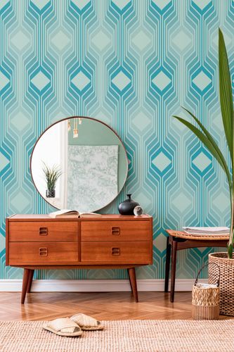 Non-woven wallpaper art deco turquoise white 39532-1