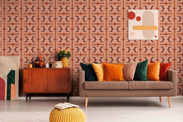Non-woven wallpaper tiles retro red apricot cream 39533-2