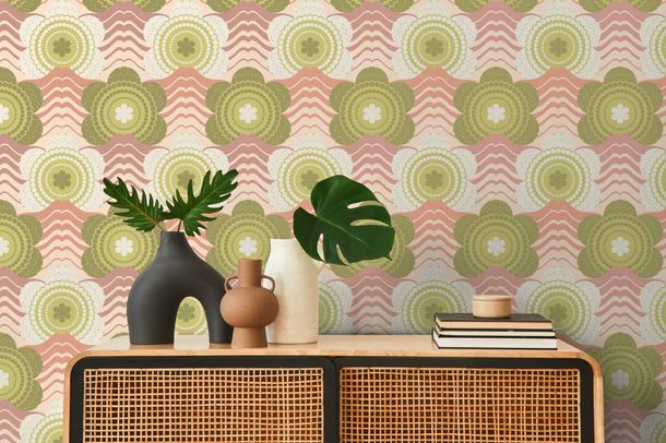 Non-woven wallpaper waves flowers pink green 39539-1