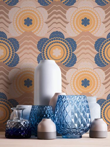 Non-woven wallpaper waves flowers brown blue 39539-2