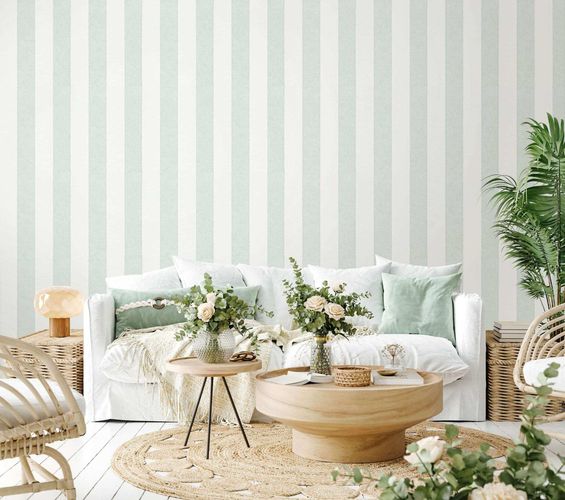 Non-woven wallpaper block stripes cream mint green 34410