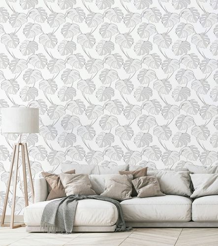 Non-woven wallpaper leaf pattern tropical cream grey 81604