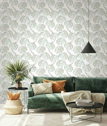 Non-woven wallpaper leaf pattern white green grey 81607