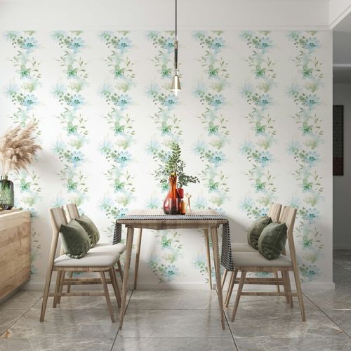 Non-woven wallpaper nature floral white green blue 81624