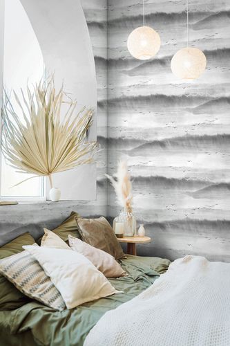 Non-woven wallpaper sky birds light grey white 81628