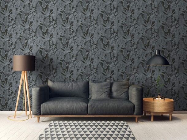 Non-woven wallpaper leaves black grey 39346-1