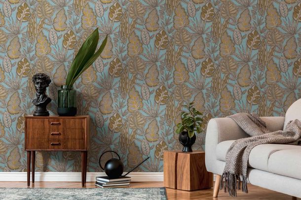 Non-woven wallpaper leaves blue brown 39346-4