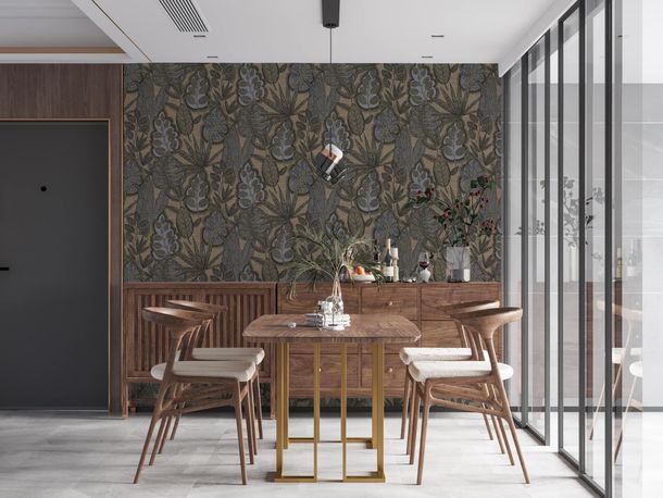 Non-woven wallpaper leaves beige grey 39346-5