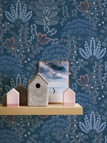Non-woven wallpaper floral linen look blue grey 39349-4