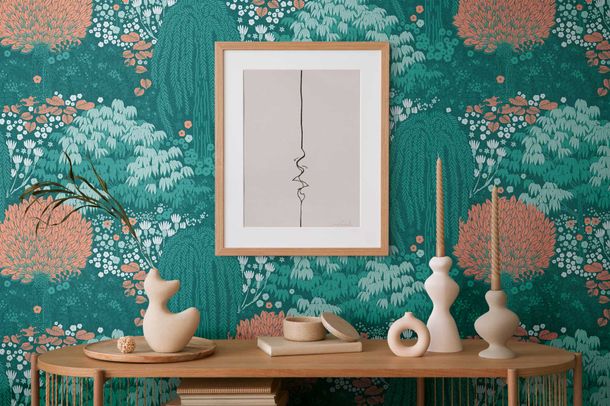 Non-woven wallpaper jungle floral green orange 39350-3