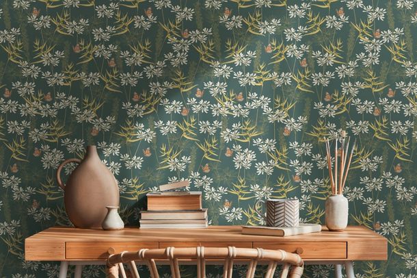 Non-woven wallpaper floral petrol white 39423-2