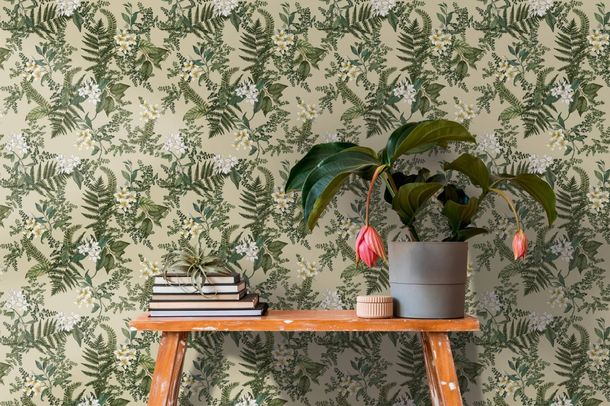 Non-woven wallpaper floral flowers green white 39424-1