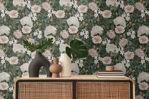 Non-woven wallpaper floral vintage black green 39426-1