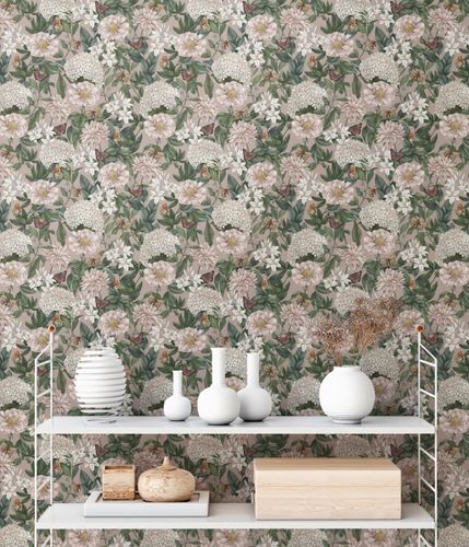 Non-woven wallpaper floral vintage pink green 39426-2