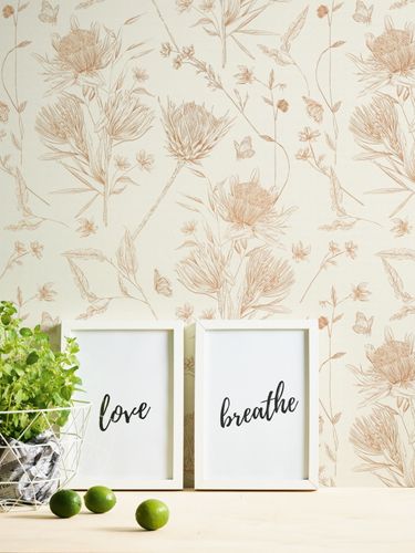 Non-woven wallpaper flowers leaves cream brown 39427-1
