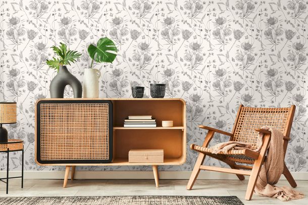 Non-woven wallpaper flowers leaves white black 39427-2