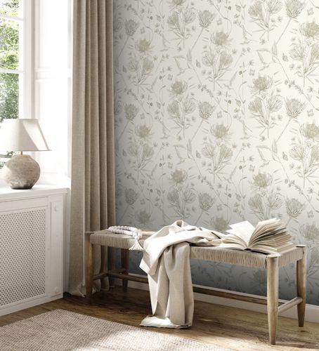 Non-woven wallpaper flowers leaves white green 39427-3