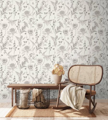 Non-woven wallpaper birds flowers white black 39429-2