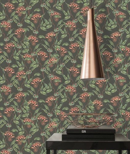 Non-woven wallpaper leaves floral black green 39430-1