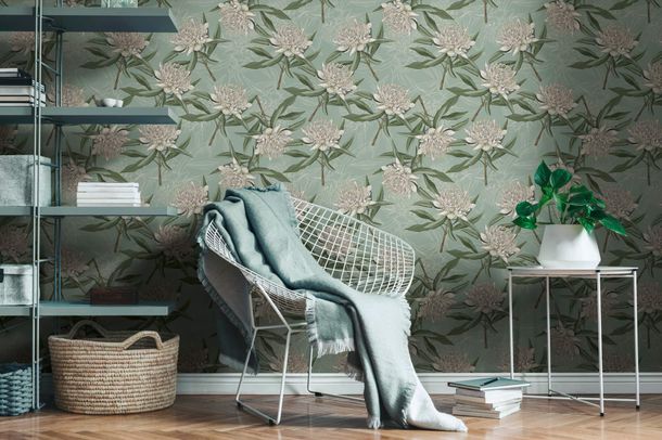 Non-woven wallpaper floral turquoise green white 39432-2