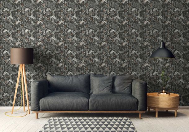 Non-woven wallpaper floral leaves black cream 39434-1