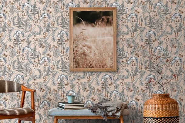 Non-woven wallpaper floral leaves orange cream 39434-2