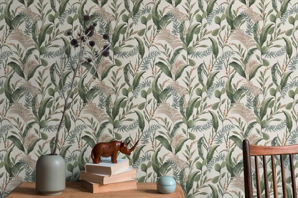 Non-woven wallpaper floral tropical cream green 39436-1
