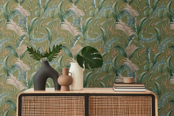 Non-woven wallpaper floral tropical green beige 39436-3
