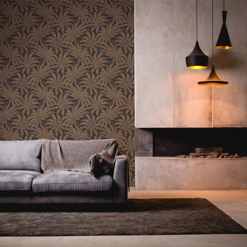 Non-woven wallpaper leaves black gold copper 39501-1
