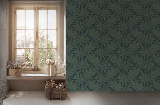 Non-woven wallpaper leaves petrol green gold 39501-6