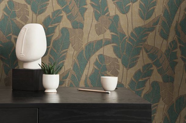 Non-woven wallpaper leaf pattern beige green gold 39502-2