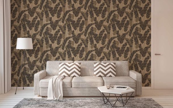 Non-woven wallpaper leaf pattern beige black gold 39502-4