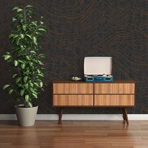 Non-woven wallpaper waves black gold metallic 39507-3