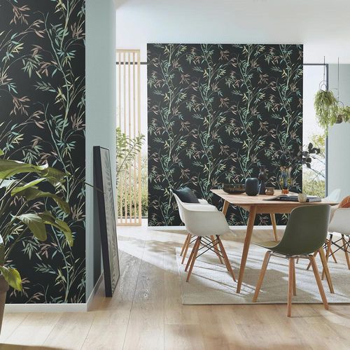 Non-woven wallpaper bamboo black green brown 10388-15