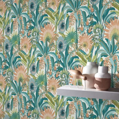Non-woven wallpaper tropical cream green orange 10390-18
