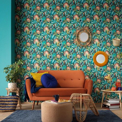 Non-woven wallpaper tropical petrol orange 10390-19
