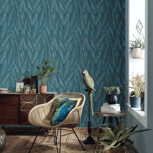 Non-woven wallpaper leaf pattern jungle blue 10391-19