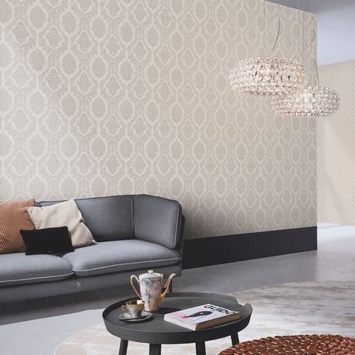 Non-woven wallpaper baroque cream beige metallic