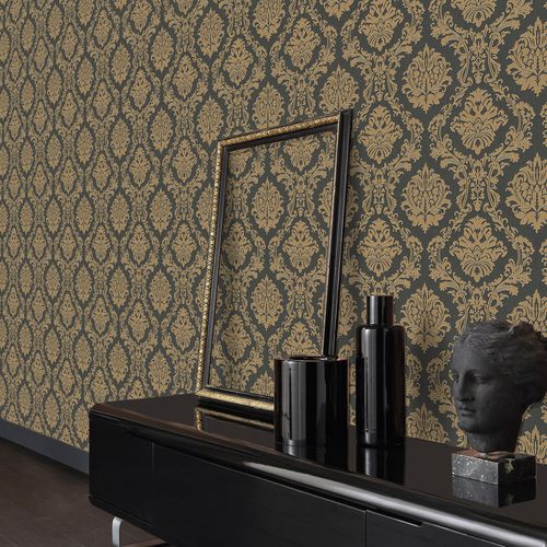 Non-woven wallpaper baroque black gold metallic 10288-15