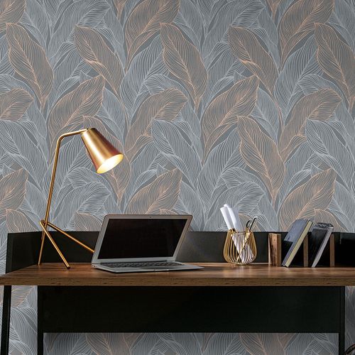 Non-woven wallpaper leaves grey copper metallic 10282-10